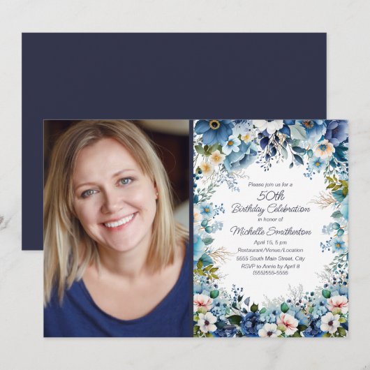 Navy Dusty Blue White Floral 50th Birthday Foto Kaart (Voorkant / Achterkant)