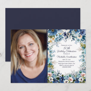 Navy Dusty Blue White Floral 50th Birthday Foto Kaart