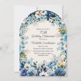 Navy Dusty Blue White Floral 70th Arch Verjaardag Kaart