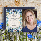 Navy Dusty Blue White Floral 75e verjaardag Foto Kaart