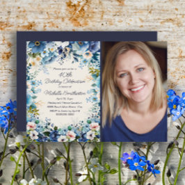 Navy Dusty Blue White Floral 75e verjaardag Foto Kaart