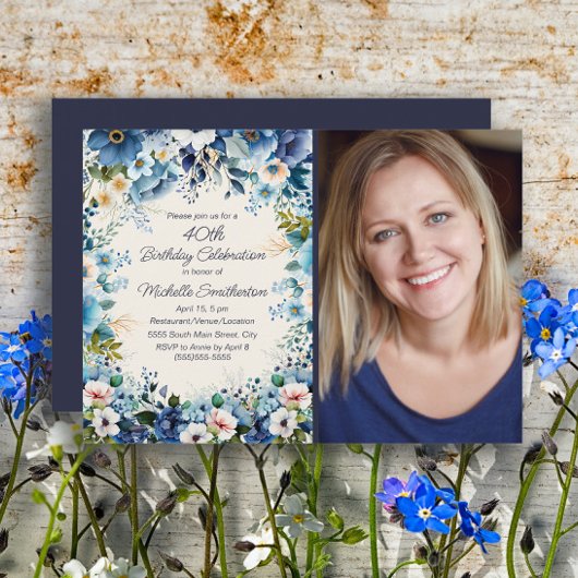 Navy Dusty Blue White Floral 75e verjaardag Foto Kaart