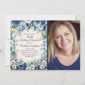 Navy Dusty Blue White Floral 75e verjaardag Foto Kaart (Voorkant)