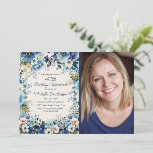 Navy Dusty Blue White Floral 75e verjaardag Foto Kaart (Staand voorkant)
