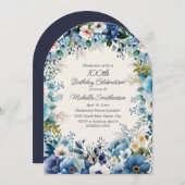 Navy Dusty Blue White Floral Arch 100th Birthday Kaart (Voorkant / Achterkant)