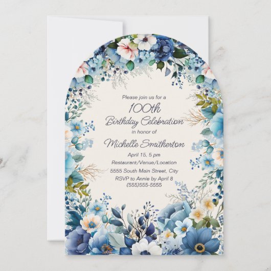 Navy Dusty Blue White Floral Arch 100th Birthday Kaart (Voorkant)