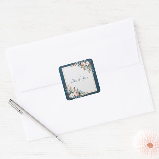 Navy Dusty Pink Rose Blue Floral Gold Frame Vierkante Sticker (Envelop)