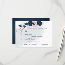Navy & Dusty roos Bloemen Maaltijdkeuze RSVP Kaartje