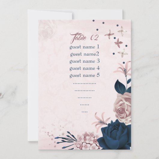 Navy & Dusty roos Flowers Zittafel nummer Kaart (Voorkant)