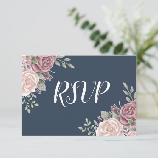 Navy Dusty Roos Rustic Waterverf Floral RSVP Kaartje (Staand voorkant)