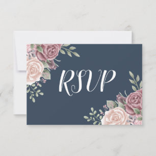 Navy Dusty Roos Rustic Waterverf Floral RSVP Kaartje