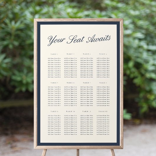 Navy & Ecru Klassieke Script Trouwstoelindeling Poster