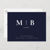 Navy Eenvoudig Hedendaags Monogram Save the Date Briefkaart (Voorkant / Achterkant)