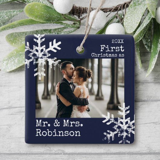 Navy Eerste Kerstmis Mr. & Mrs Custom Foto Keramisch Ornament