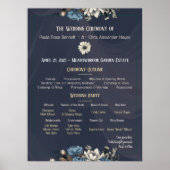 Navy Elegant Bloemen Trouwprogramma Poster (Voorkant)