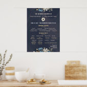 Navy Elegant Bloemen Trouwprogramma Poster (Keuken)