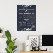 Navy Elegant Bloemen Trouwprogramma Poster (Thuiskantoor)