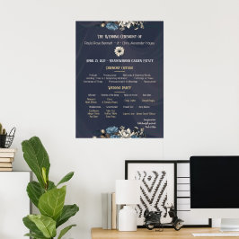 Navy Elegant Bloemen Trouwprogramma Poster