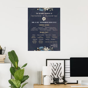 Navy Elegant Bloemen Trouwprogramma Poster