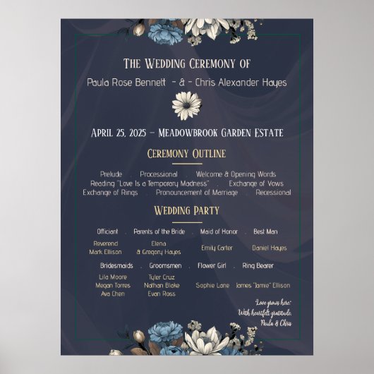 Navy Elegant Bloemen Trouwprogramma Poster (Voorkant)