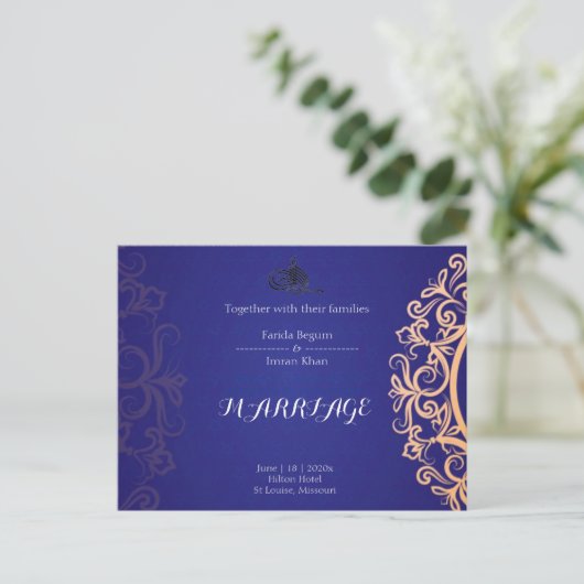 Navy Elegant Blue Muslim wedding Invitation  Briefkaart (Staand voorkant)