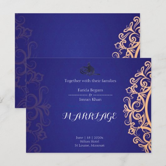 Navy Elegant Blue Muslim wedding Invitation  Briefkaart (Voorkant / Achterkant)