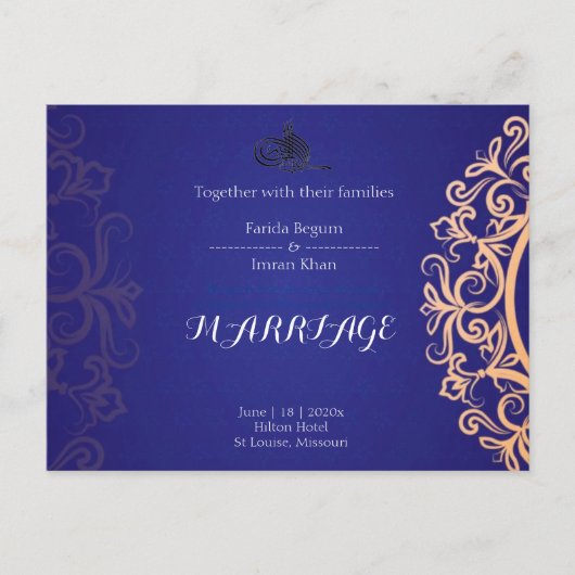 Navy Elegant Blue Muslim wedding Invitation  Briefkaart (Voorkant)