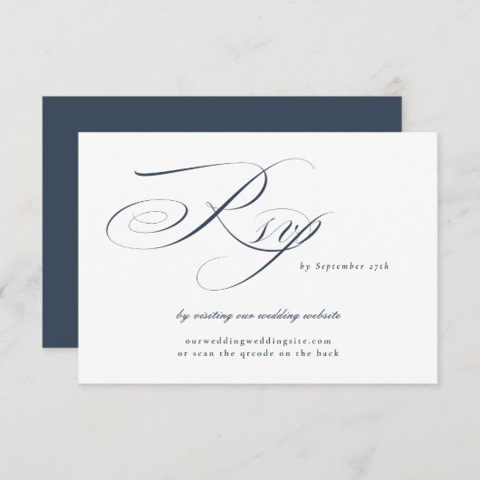 Navy Elegant Calligraphy Wedding Website QR CODE RSVP Kaartje (Voorkant / Achterkant)