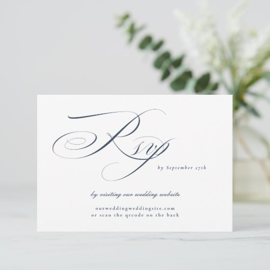 Navy Elegant Calligraphy Wedding Website QR CODE RSVP Kaartje (Staand voorkant)