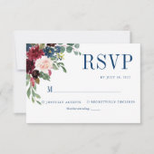 Navy Elegant Floral Burgundy Wedding RSVP Kaartje (Voorkant)