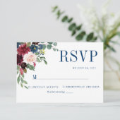 Navy Elegant Floral Burgundy Wedding RSVP Kaartje (Staand voorkant)