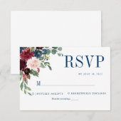 Navy Elegant Floral Burgundy Wedding RSVP Kaartje (Voorkant / Achterkant)