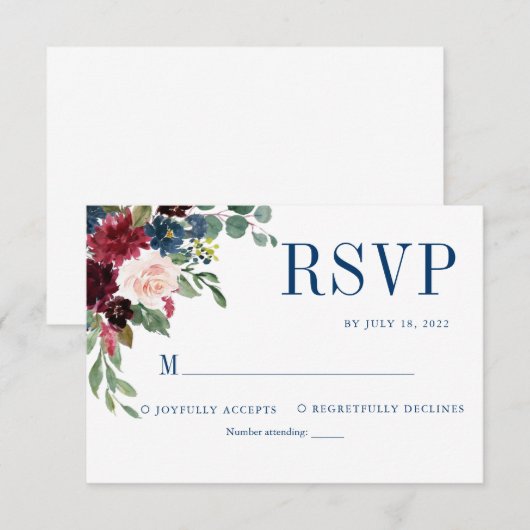 Navy Elegant Floral Burgundy Wedding RSVP Kaartje (Voorkant / Achterkant)