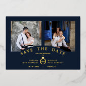 Navy Elegant Gold 2 Photos Sophisticated Wedding Folie Uitnodiging (Voorkant)