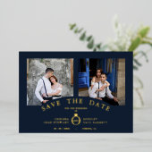 Navy Elegant Gold 2 Photos Sophisticated Wedding Folie Uitnodiging (Staand Voorkant)
