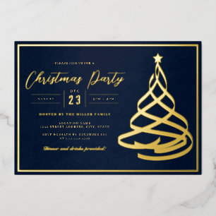 Navy Elegant Gold Tree Kerstfeest Folie Uitnodiging