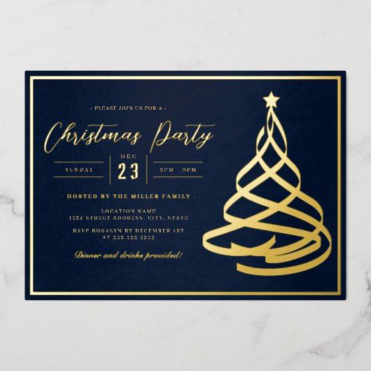 Navy Elegant Gold Tree Kerstfeest Folie Uitnodiging (Voorkant)