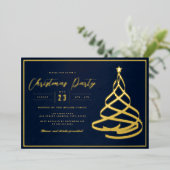 Navy Elegant Gold Tree Kerstfeest Folie Uitnodiging (Staand Voorkant)