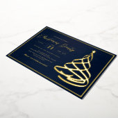Navy Elegant Gold Tree Kerstfeest Folie Uitnodiging (Gedraaid)