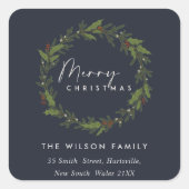 NAVY ELEGANT HOLLY BERRY WREATH CHRISTMAS ADRES VIERKANTE STICKER (Voorkant)