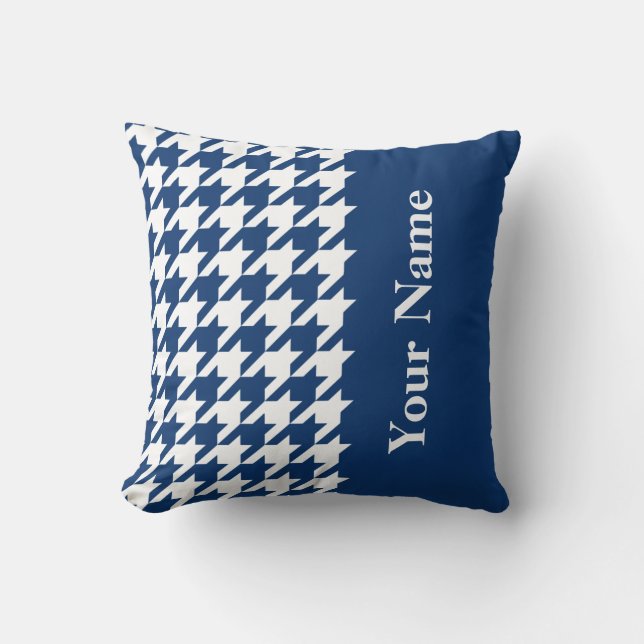 Navy Elegant Houndstooth met naam Kussen (Voorkant)