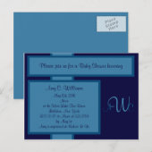 Navy Elegant Monogram Douche Uitnodiging Briefkaart (Voorkant / Achterkant)