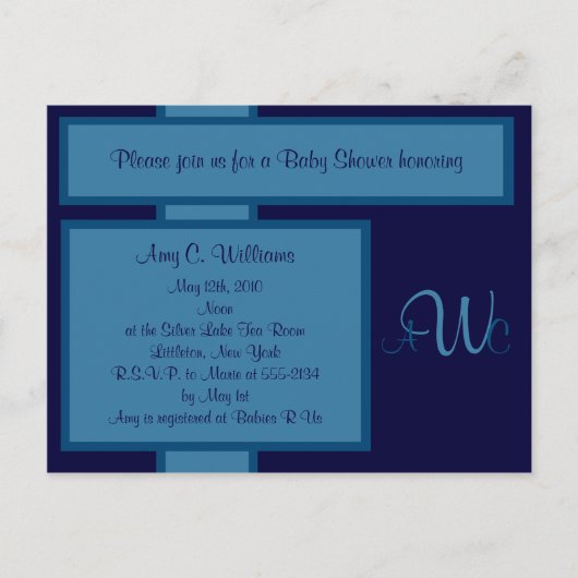 Navy Elegant Monogram Douche Uitnodiging Briefkaart (Voorkant)