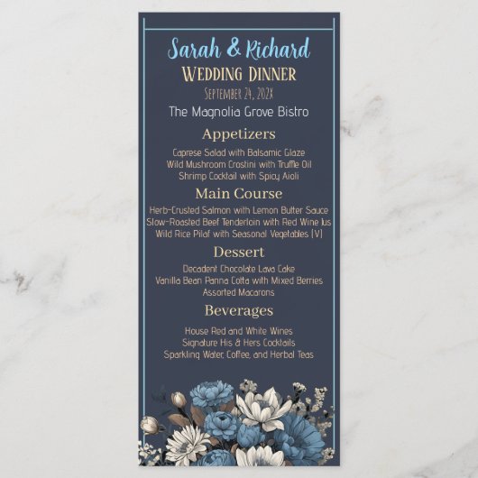 Navy Elegant Moody Bloemen Huwelijk Menu (Voorkant)