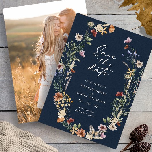Navy Elegant Photo Boho Save the Date