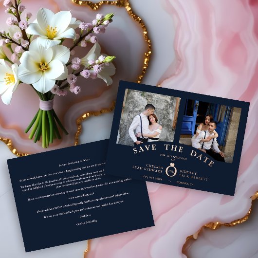 Navy Elegant Rose Gold 2 Photos Sophisticated  Folie Uitnodiging