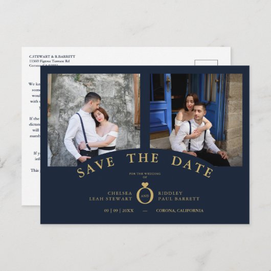 Navy Elegant Roze 2 Foto's Verfijnd huwelijk Briefkaart (Voorkant / Achterkant)