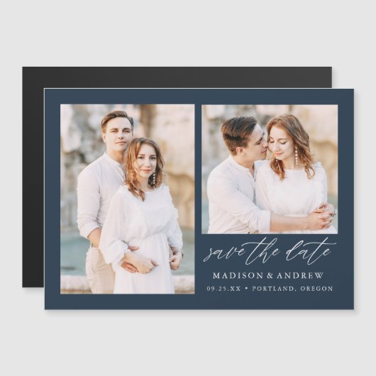 Navy Elegant Script 2 Foto Save the Date Magnetische Uitnodiging (Voorkant / Achterkant)