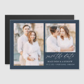 Navy Elegant Script 2 Photo Save the Date Magnetische Uitnodiging (Voorkant / Achterkant)