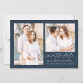 Navy Elegant Script 2 Photo Save the Date Magnetische Uitnodiging (Voorkant)